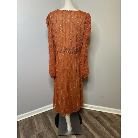 MAC DUGGAL HAND EMBELLISHED V NECK PUFF SLEEVE A LINE DRESS - Picture 10 of 11